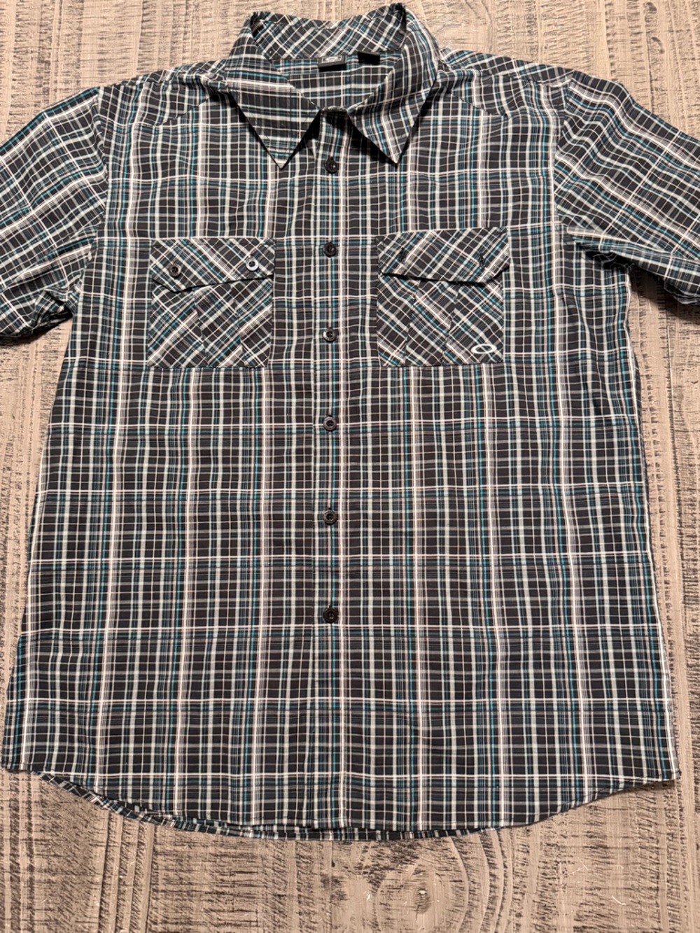 Oakley Men's Black and Teal Plaid Button-Down Shirt